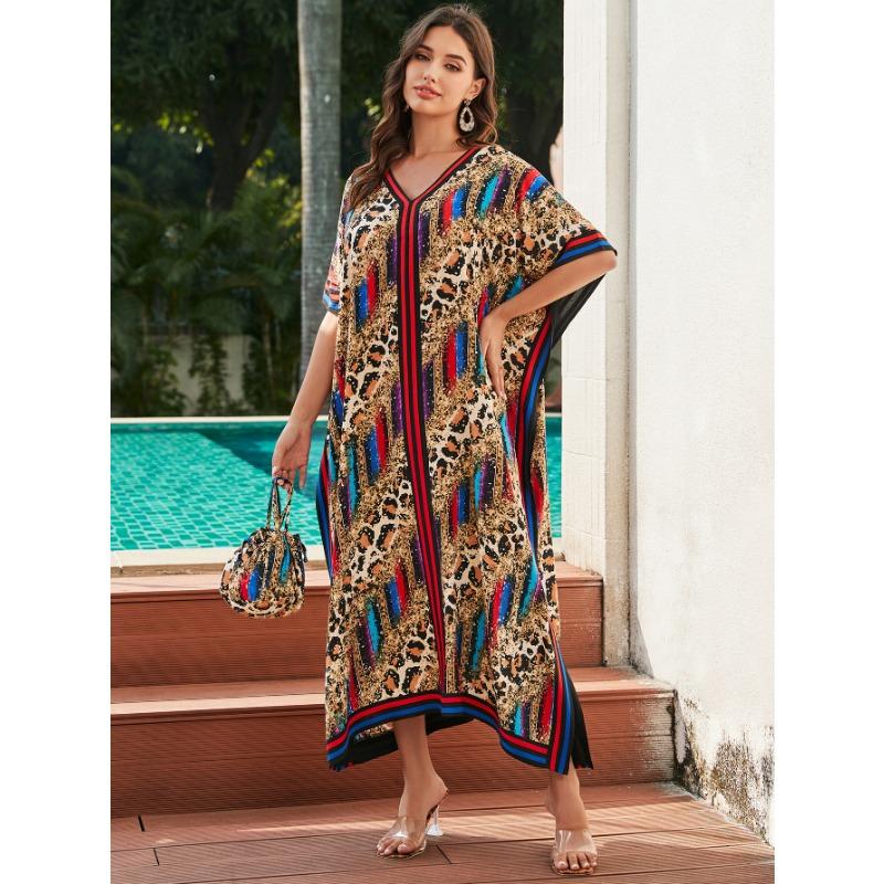 Damenmode Sommer Frühling Leopardenmuster 1/2 Ärmel V-Ausschnitt Lose Taille Freizeitkleider