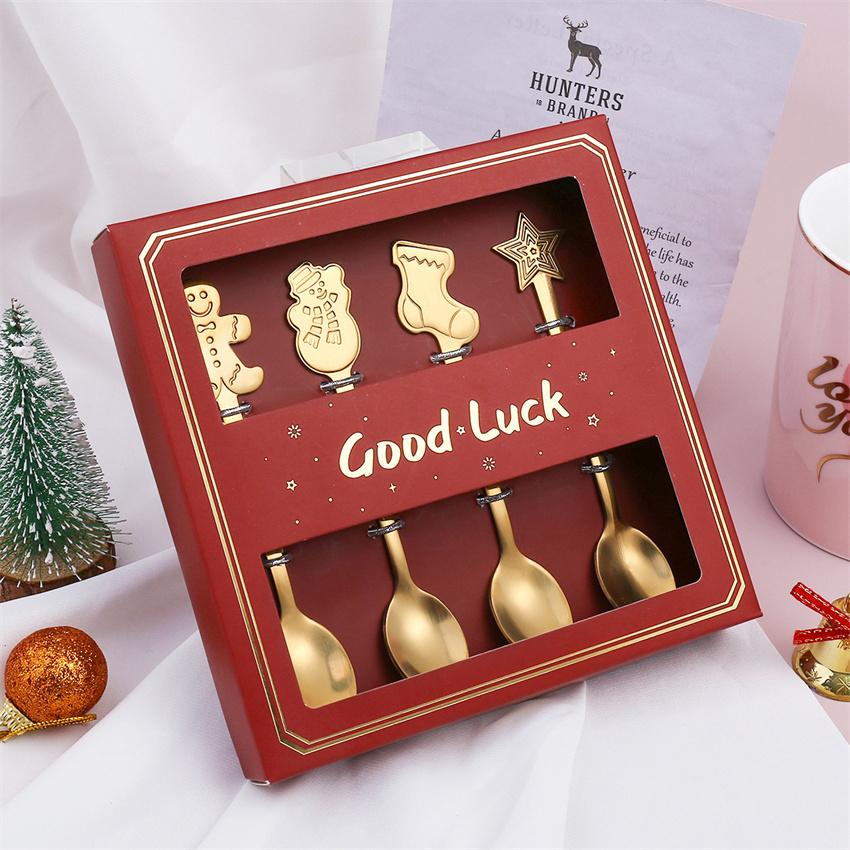 4Pcs Christmas Coffee Spoons with Gift Box Stainless Steel Snowman Star Dessert Spoons Teaspoons Cutlery Spoon Christmas Gift