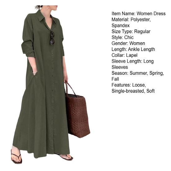 Damen-Frühlingskleid, Umlegekragen, locker, einreihig, langärmelig, reine Farbe, Knöpfe, Taschen, Hemdtyp, knöchellang, Herbst- und Alltags-Maxikleid