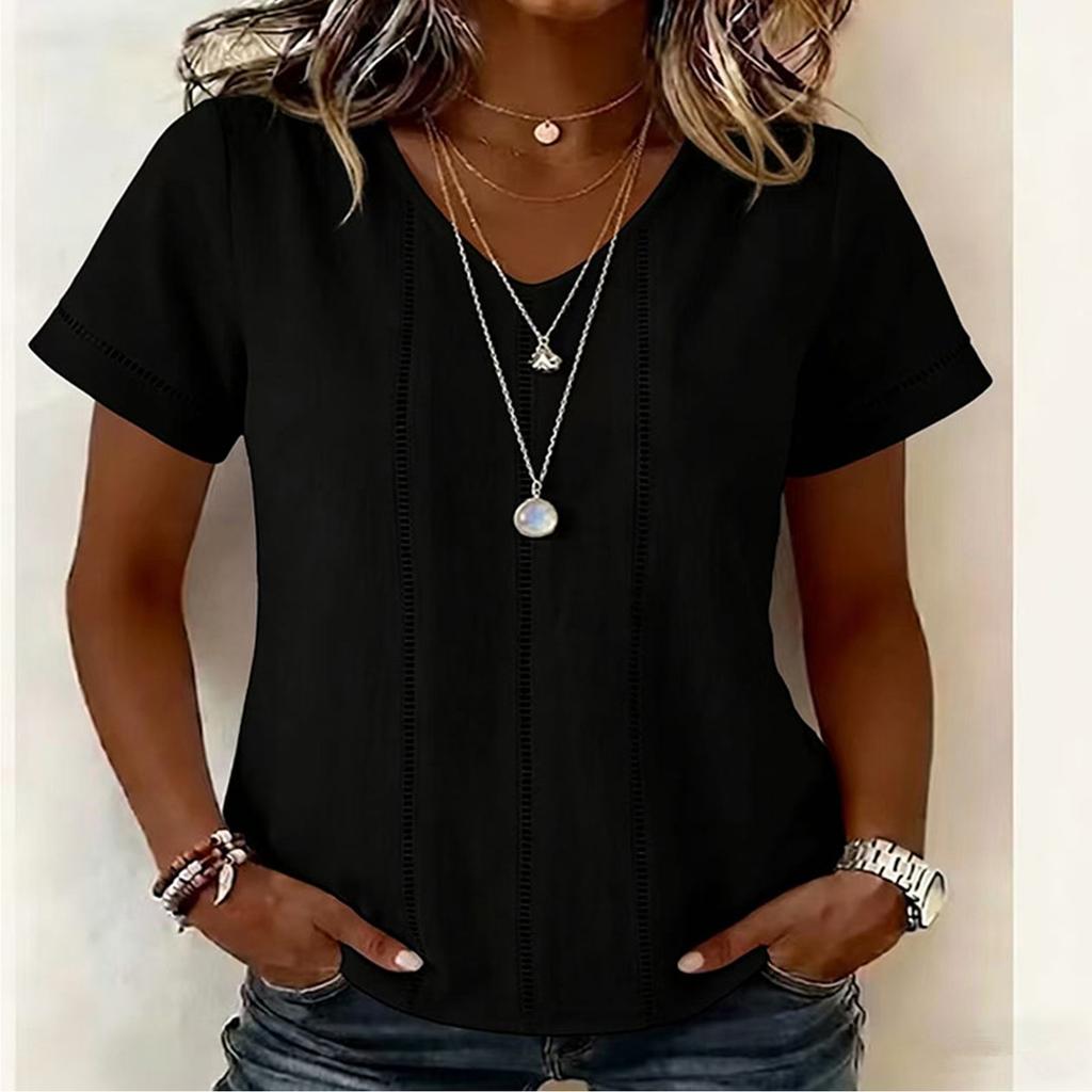 Women V Neck Short Sleeve Blouse Lace Trim Patchwork Cotton Linen Shirt Casual Summer Top Lightweight Breathable Fabric