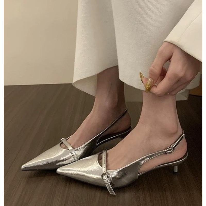 Fashion Pointed Toe Buckle Strap Ladies Sandals Gold Shallow Fashion Sexy Party Slingbacks 2026 Summer High Heeled Shoes Woman