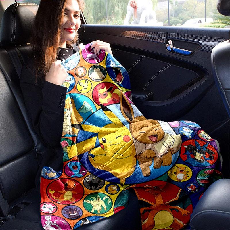 1pc, Pokemon Pikachu & Eevee Circular Patterned Throw Blanket, Perfect for Home Decor, Couch Cover, Outdoor Use, Travel, Camping, Car, Beach, Office N