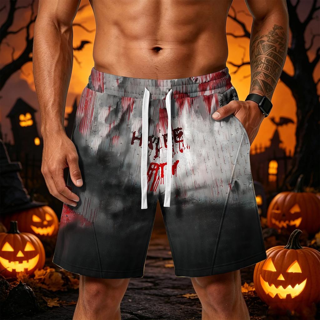 Men's Halloween Loose Fit Shorts with Pockets Drawstring Waistband Athletic Printed Shorts for Casual Sportswear