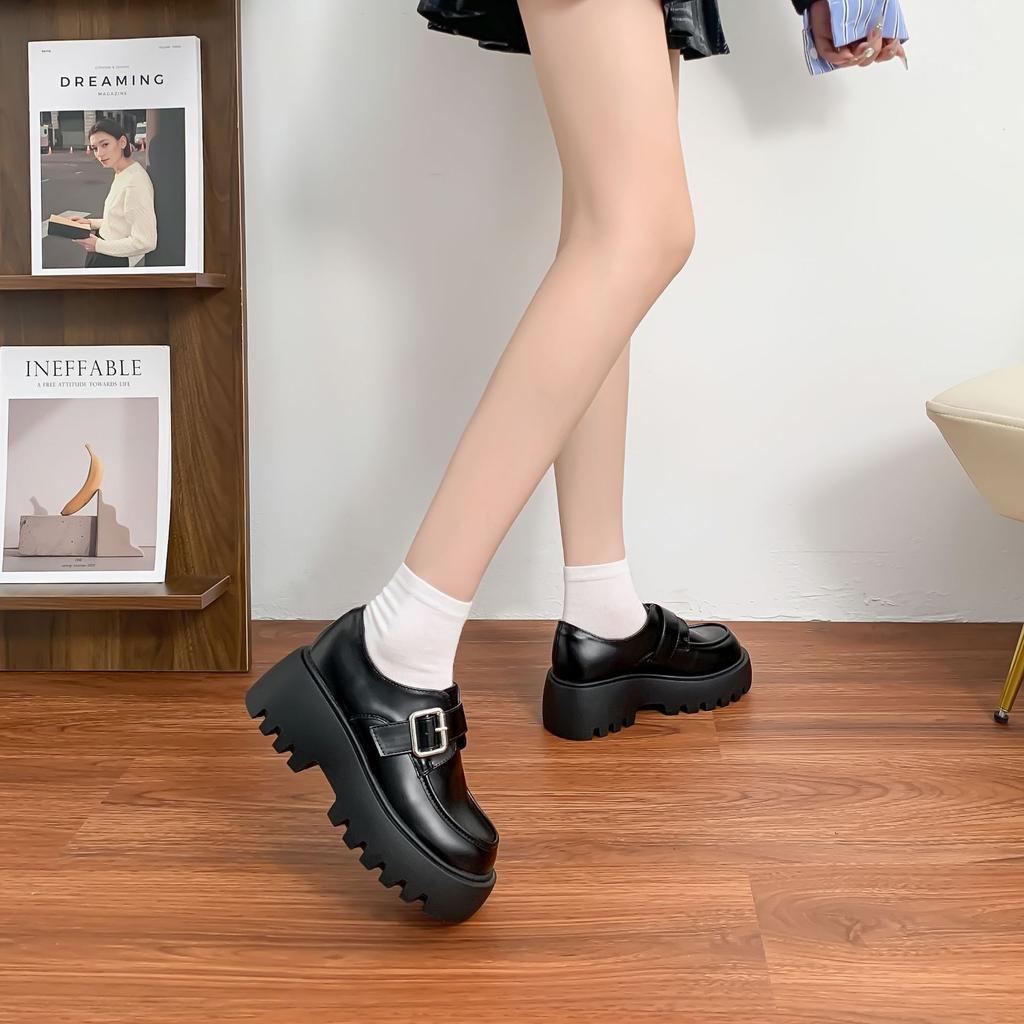 Yuanlitong 2025 Platform Loafers Women's Korean Version Suede Uniform Leather Shoes Women's Outer Wear College Style Thick Heel Shoes