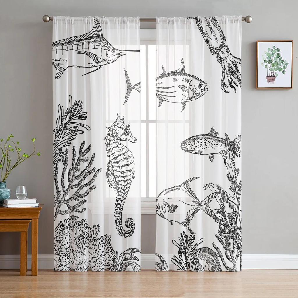 Marine Life Two Seahorses Sheer Curtains for Living Room Voile Curtain Bedroom Bathroom Tulle Curtains Window Drapes