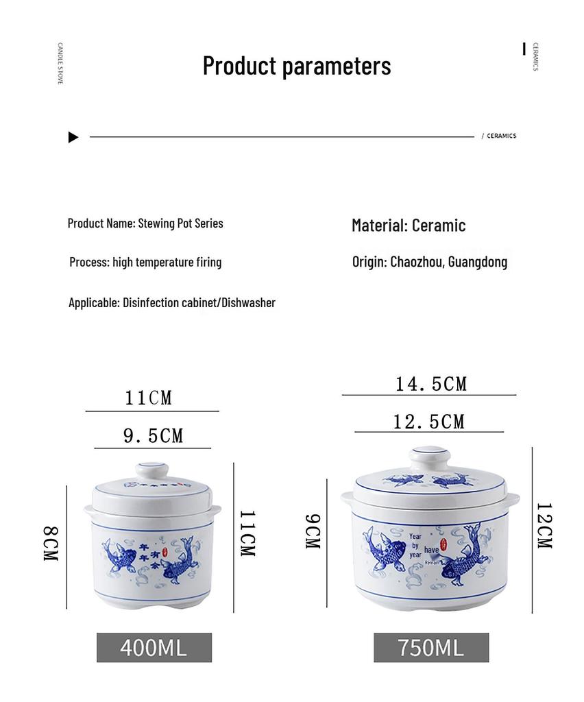 Blue & White Ceramic Double-Boiler Stew Pot with Lid, High Temperature Resistant, Ideal for Bird's Nest Soup and Stews.