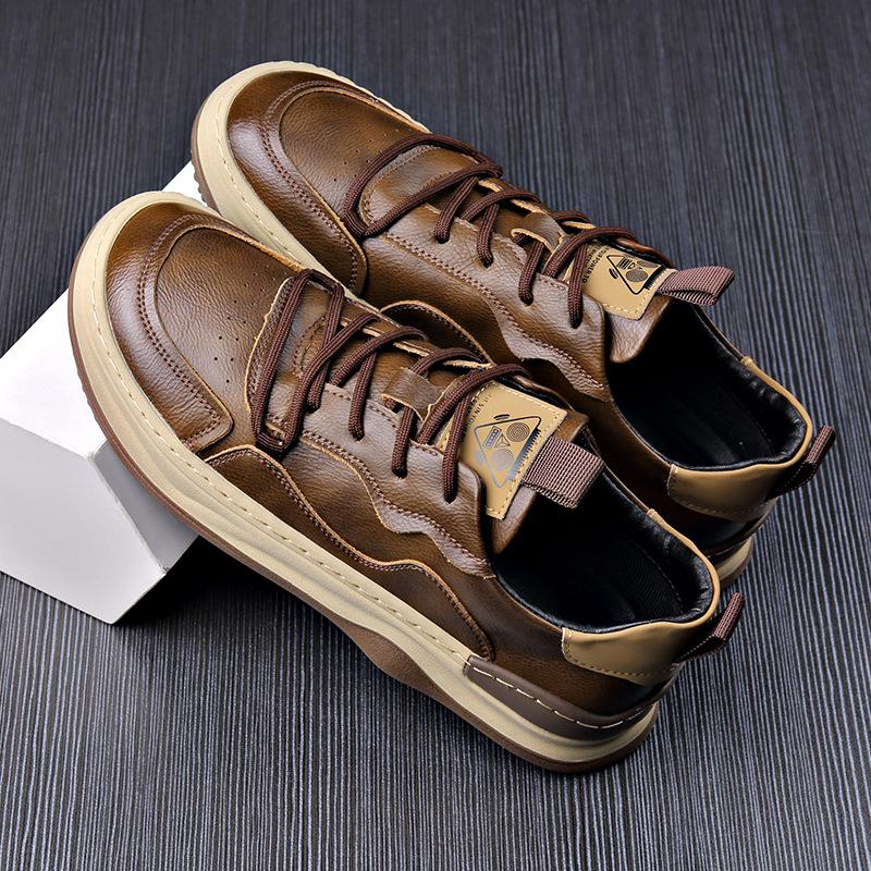 Fashion Designer New Male Thick Soled Board Shoes Spring Autumn Wear Comfortable Men's Leather Casual Shoes Solid Color Men's Sneakers