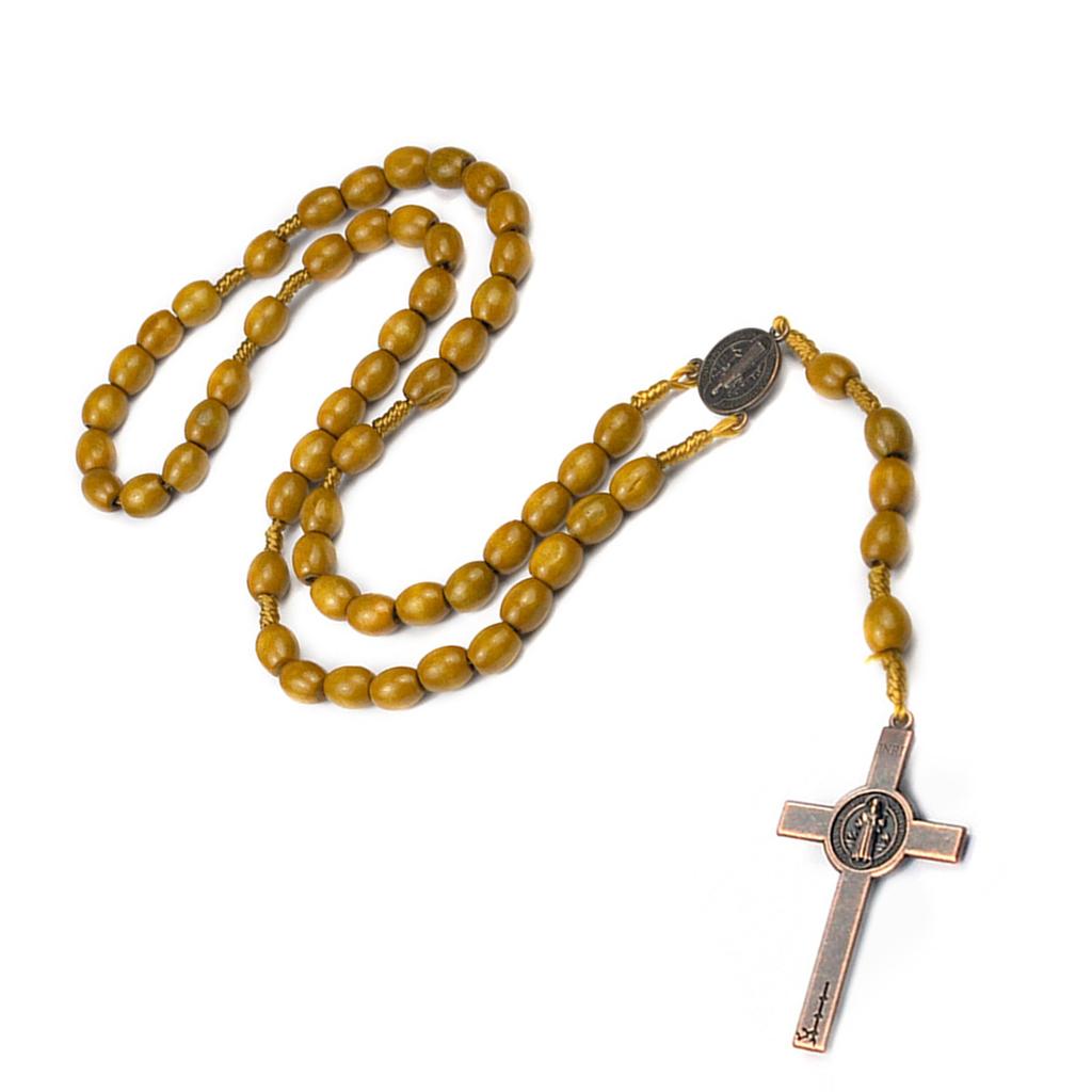 Christian Handmade Wooden Rosary Necklace Prayer Beads with Holy Soil Medal and Cross Bohemian Style for Men and Women