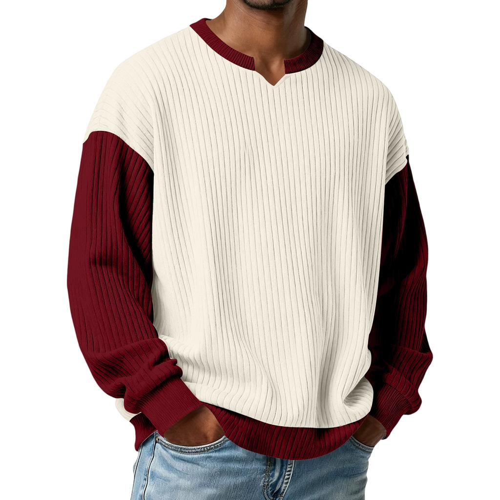 Herrars Färgblockerad Stilfull V-ringad Ribbad Texturerad Långärmad T-shirt