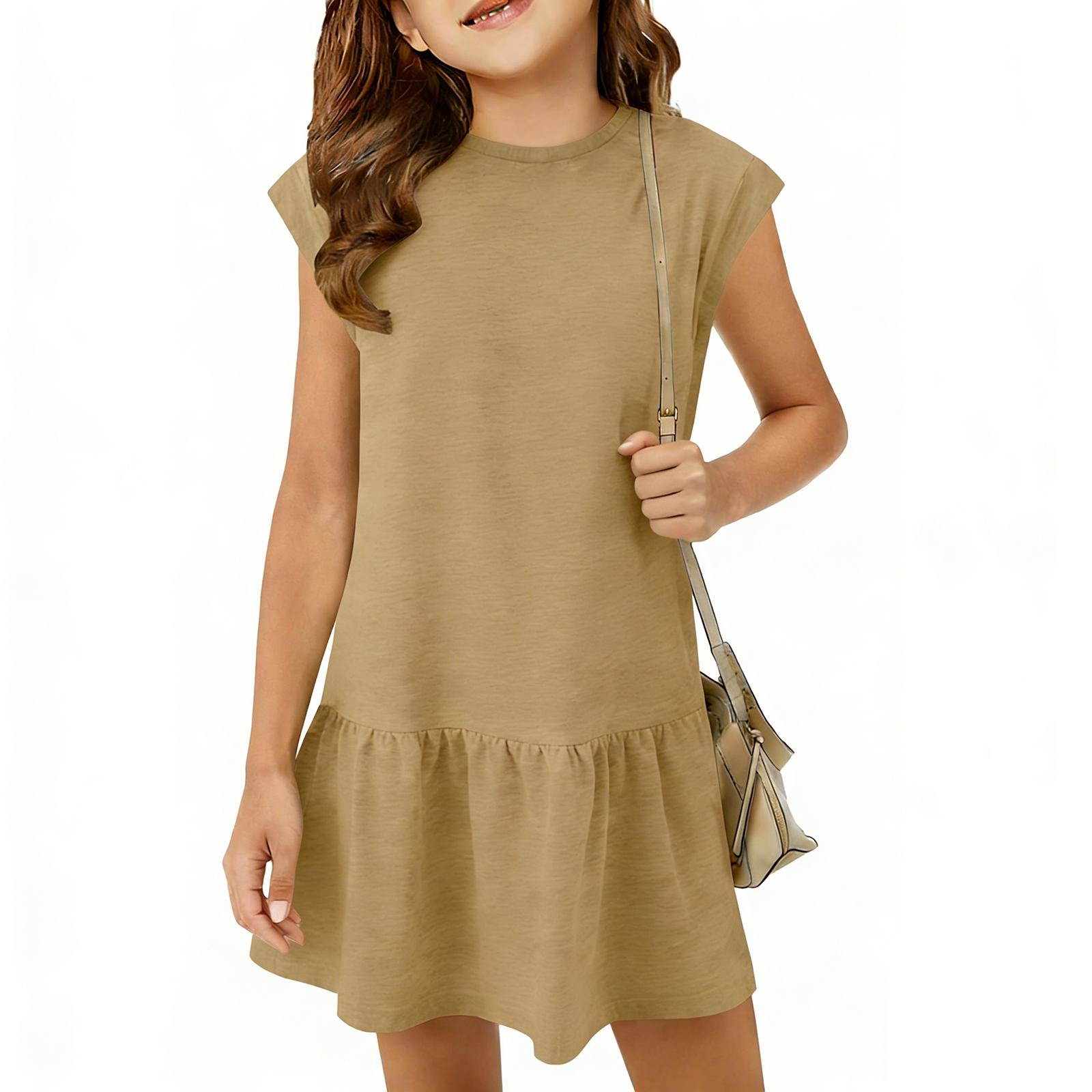 

Модное детское платье, повседневное свободное платье средней длины с оборками и круглым вырезом 100 бежевый