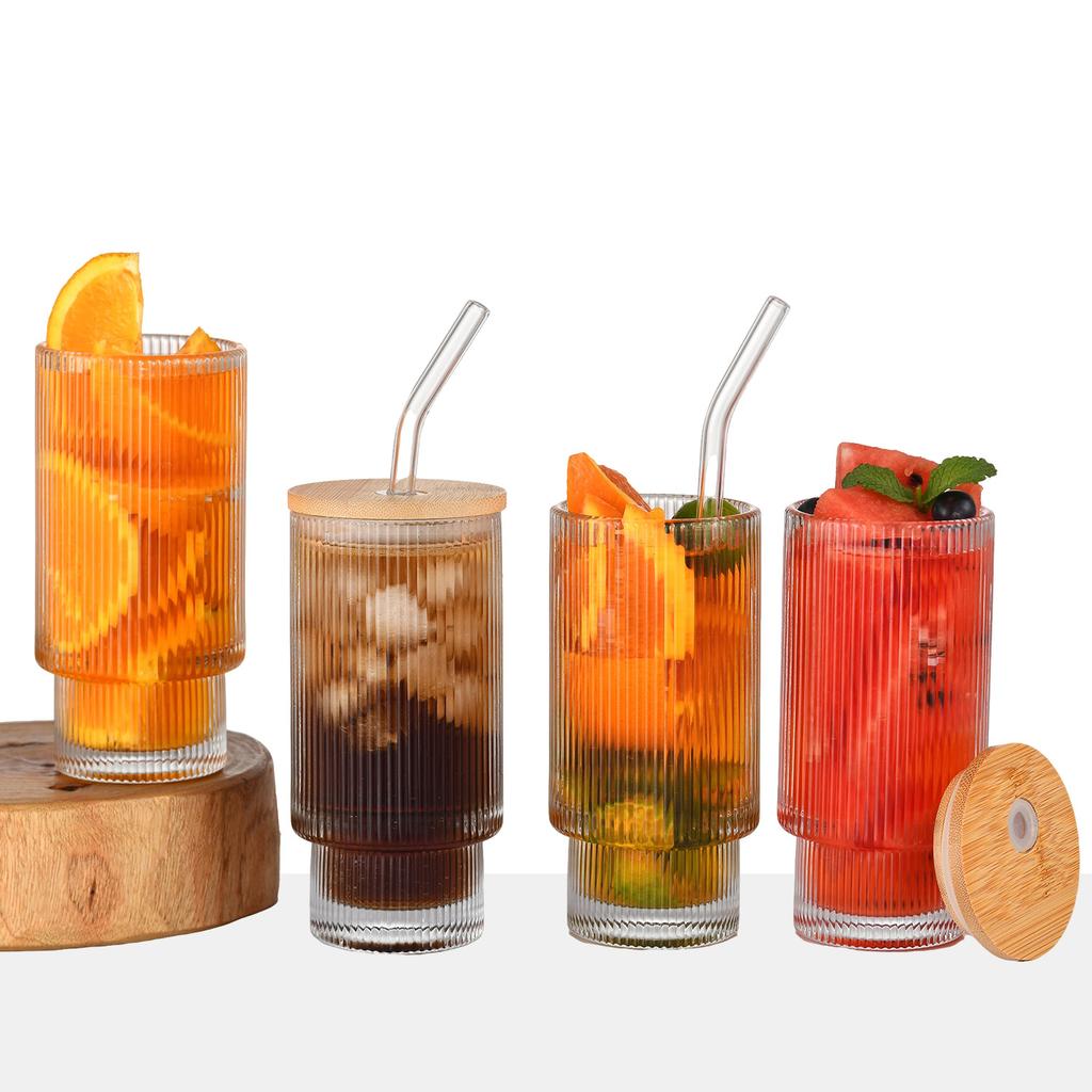2/4Pcs Drinking Glasses Set Highball Glasses 11oz with Covers, Straws and Brush Vintage Glass Cups, Elegant Ribbed Glassware,