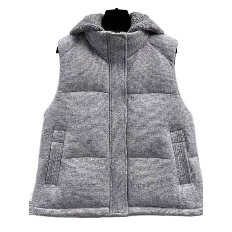 Dámská šedá péřová vesta s kapucí - Podzim/Zima 2025 - Jedinečný korejský chic design