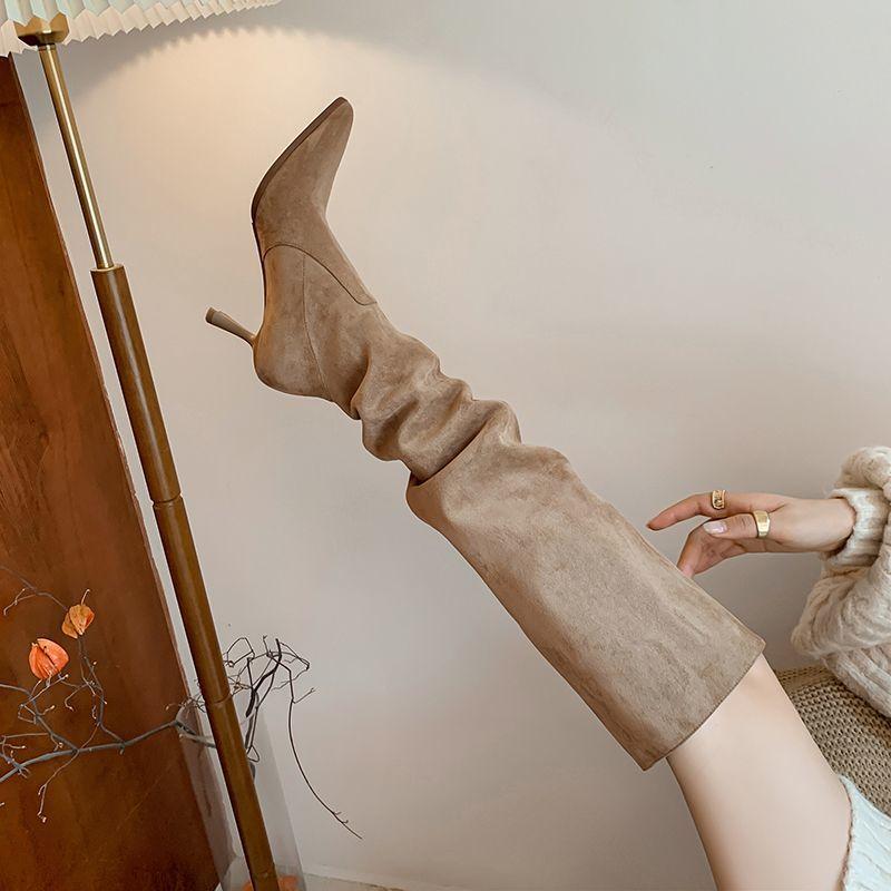 Khaki Suede Pointed Thin Heel Boots Women's Pleated Pile Boots Maillard Loose High Boots High Heel Boots