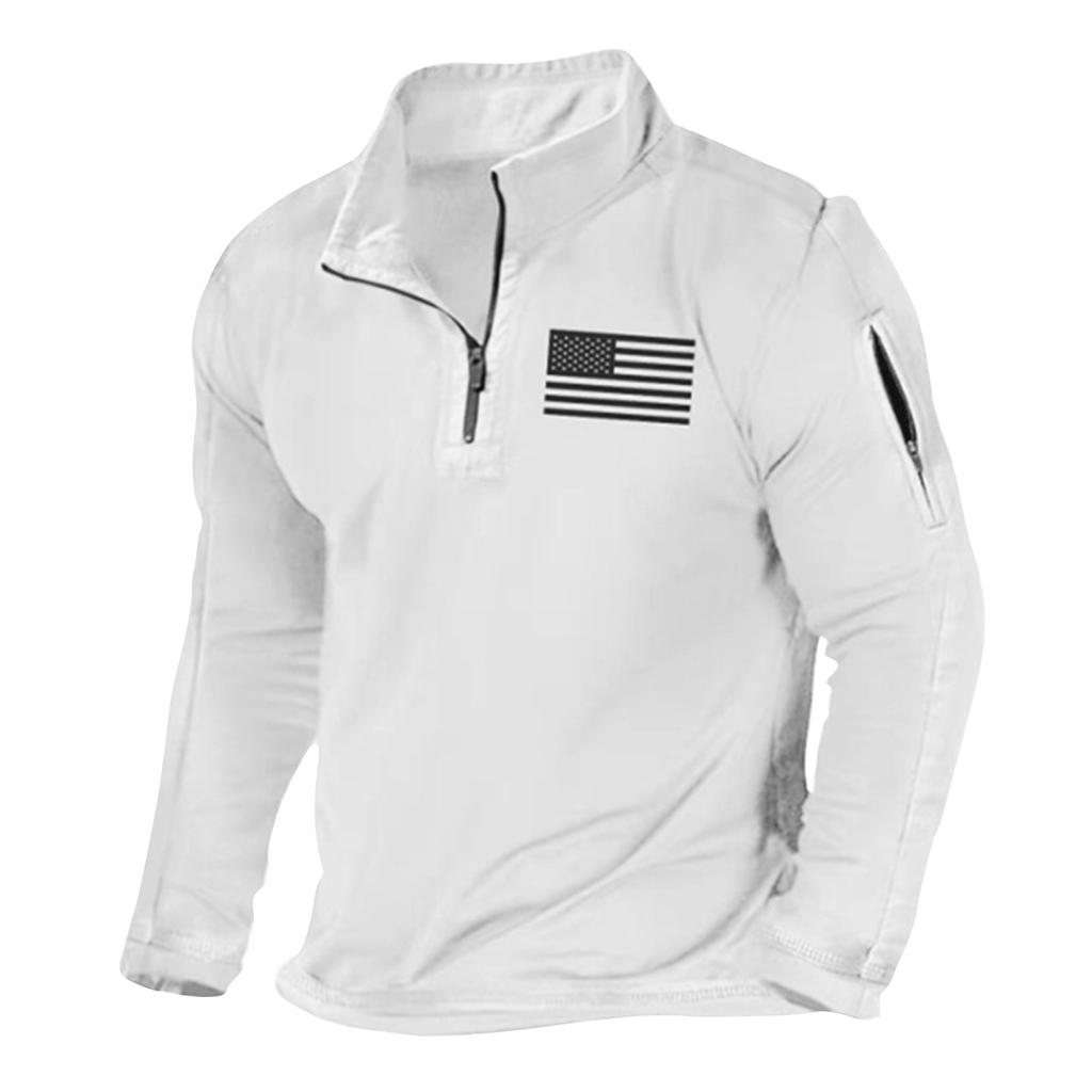 Men's Solid Color Flag Printed Loose Half Zippered Standing Neck Hoodie Men's Casual Sports Hoodies