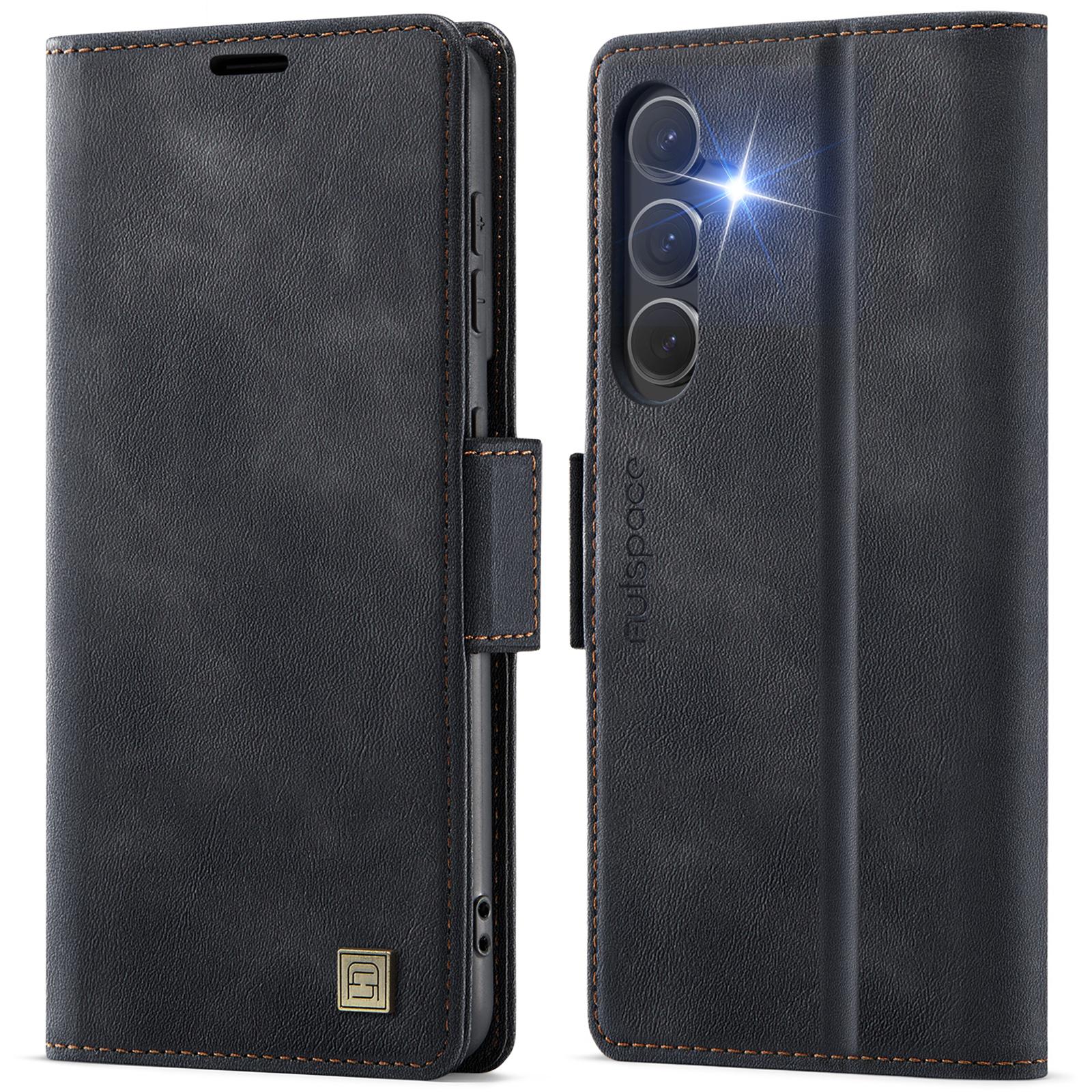 

For Samsung Galaxy S24+ Case AUTSPACE A11 RFID Blocking Retro Leather Cell Phone Wallet Cover Black