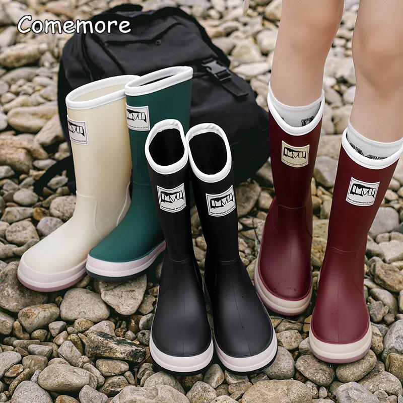 Comemore Outdoor Women's Rain Shoes Mid-calf Fishing Non-slip Waterproof Shoe Couple Work rainboots Rubber Warm Boots 44