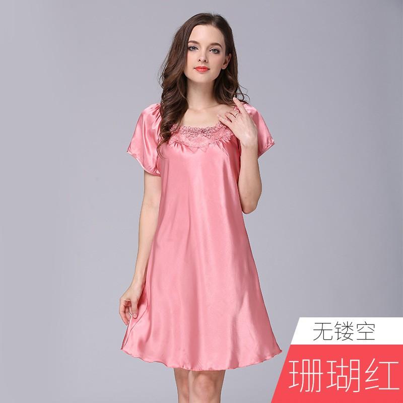 Womens Lightweight Satin Sleep Dress With Lace Trim Short Sleeve Nightgown Home Wear Medium