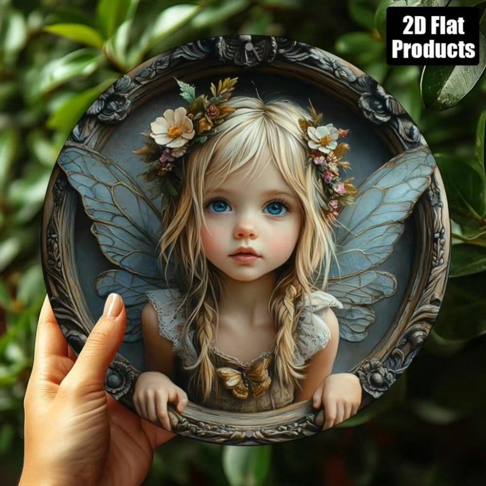 Vintage Butterfly Fairy Themed Round Aluminum Wall Art with Floral Decor