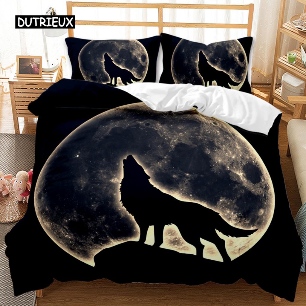 Wolf Bettbezug Set Tiermuster Bettwäsche Set Cooles Wildleben Bettdeckenbezug Kinder Glitzer Blau Wilder Wolf Polyester Quiltbezug