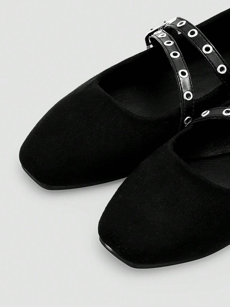 Black Double Buckle Strap Mary Jane Shoes, Retro Silver Ring Buckle Design