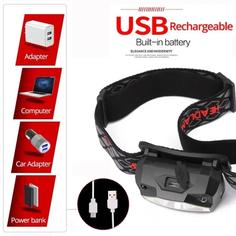 8 Modes Handfress Motion Sensor Powerful LED Headlight Headlamp Head Lamp COB Flashlight Torch Head Light For Camping, Fishing
