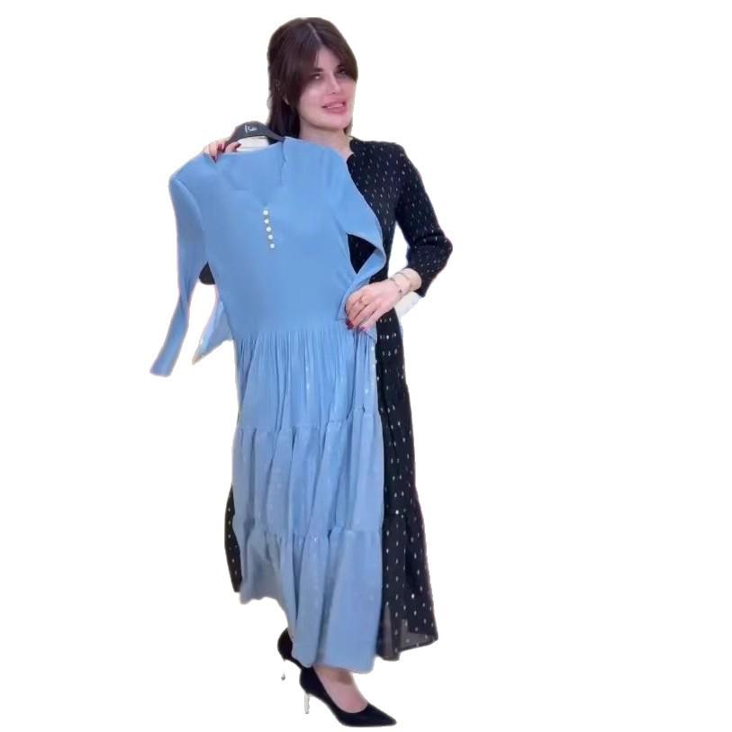 2025 European and American Plus-Size French Print Waist-Cinching Slim Long Dress