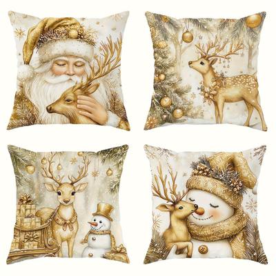 Golden Christmas Delights: Santa, Deer, Snowman Pillowcases Sofa Room Decoration New Year Holiday Home Decoration