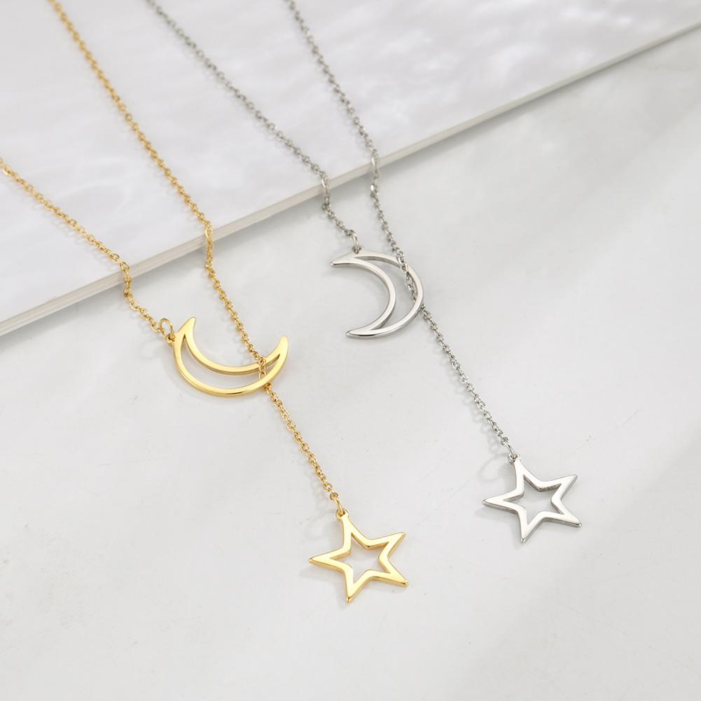 Unift Modischer Mond Stern Anhänger Halskette Einfache Edelstahl Stern Mond Schlüsselbein Kette Gold Farbe Halsketten für Frauen