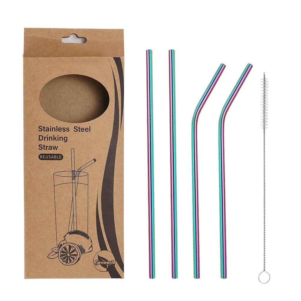 1set Stainless Steel  Straws with Brush - Set of 5 - Reusable and Washable,Perfect for Smoothies Milkshakes Tea Juice