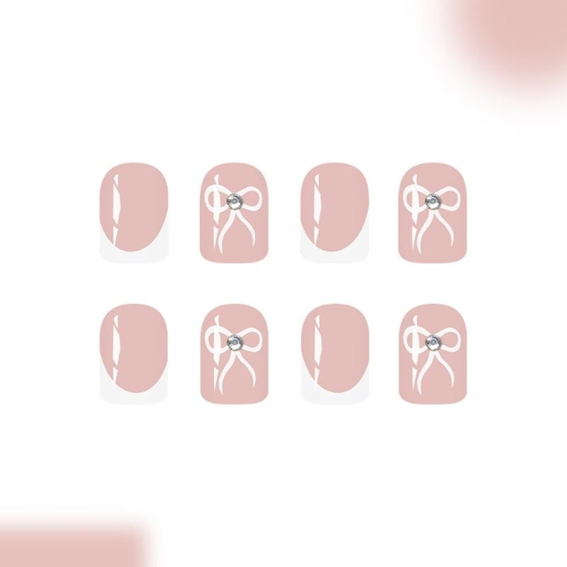24 Pcs White French Tip Press On Nail Short Square False Nail Sweet Bows Acrylic Nail Glossy Full Cover Stick on Nail