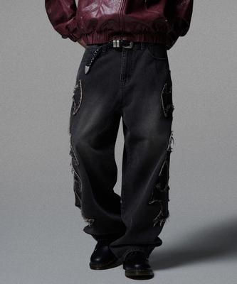 NOT4NERD Tribal Cut Panel Denim Pants - Black