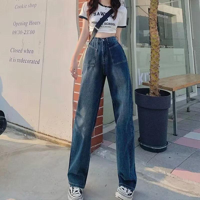 

Американские джинсы широкие женские весенние с высокой талией, облегающие, свободные, длиной до пола, прямые брюки 2XL
