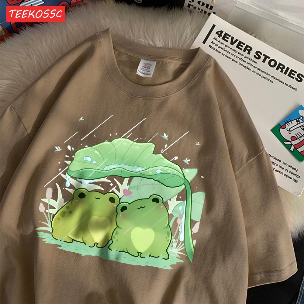 Fashion Cotton Womens TShirts Two Frogs Sheltering From The Rain Printing Short Sleeve Soft Loose ONeck Street Female Clothes S