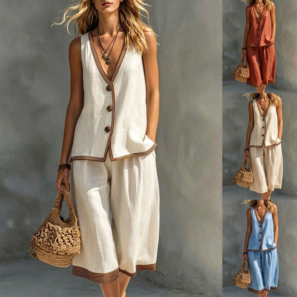 Cross-border exclusive for European and American summer women's vacation style two-piece set, solid color button casual vest cardigan women's shorts