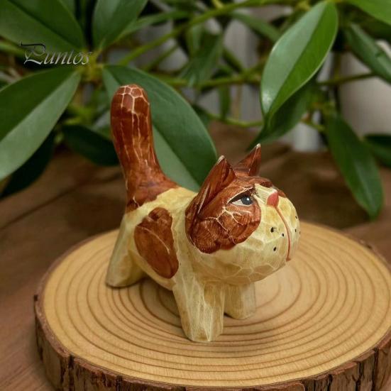 Unique Handcrafted Cat Decor Tabby Wood Figurine with Painting, Hand Carved Basswood Natural Animal Carvings Statue, Art Ornament for Home Office Desk