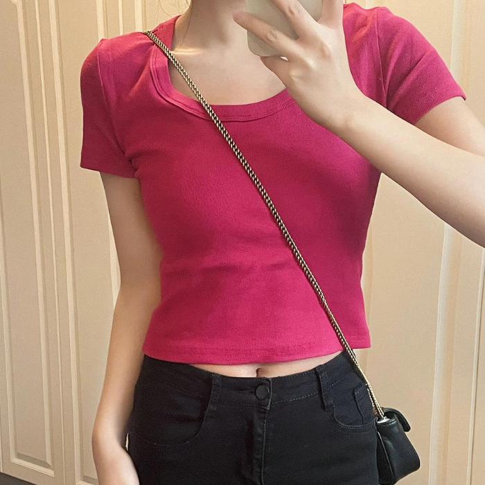 Women's Slim Fit U-Neck Short Sleeve Top - Trendy Low Cut Collarbone Style