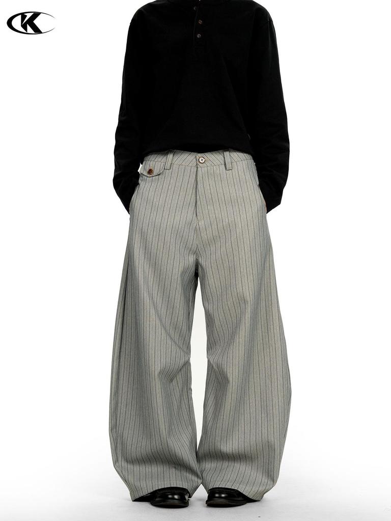 11KN Retro Gray Striped Wide-Leg Suit Pants for Men and Women - Versatile, Trendy, and Slimming Casual Wear