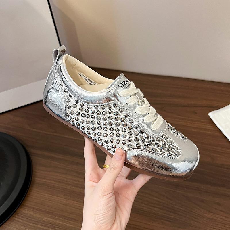 Fashion Breathable Mesh Women's 2025 Summer New Flat German Training Shoes Lace-up Diamond-encrusted Hollow Sandals