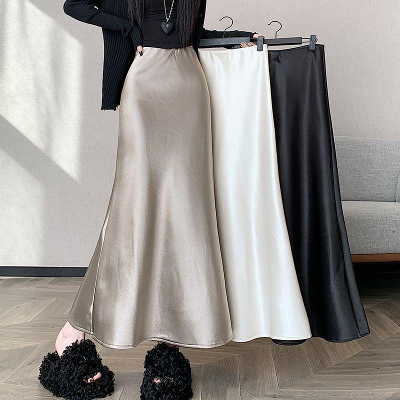 2025 Autumn High-Waisted Plus Velvet A-Line Skirt - Double-Layered Wave Polyester Fabric, Simple OL Commuting Style