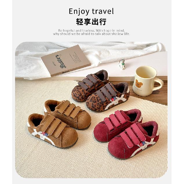 Children's cotton shoes for older kids, new autumn and winter models, girls' plush-lined non-slip leather panel shoes, boys' casual warm shoes
