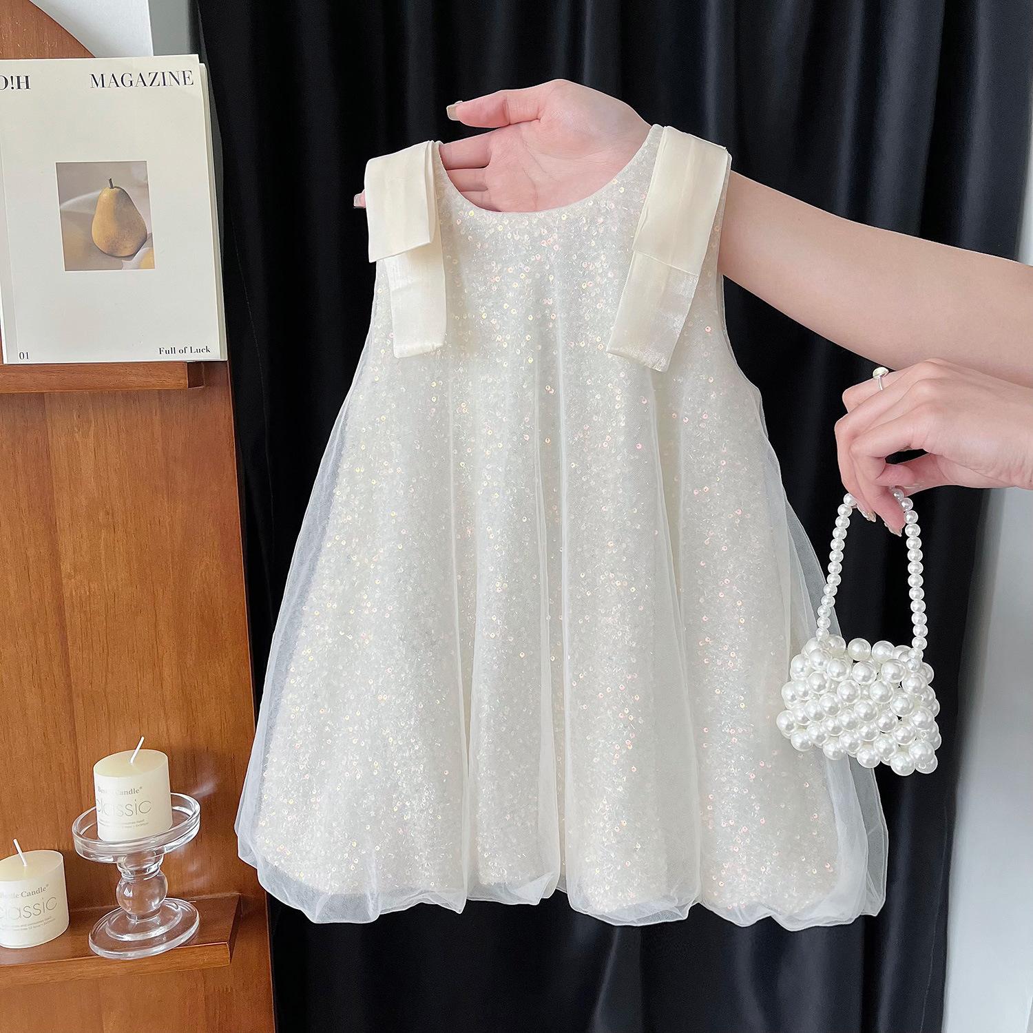 Summer Girls Sequin Mesh Sleeveless Dress Cute Bowknot Princess Baby Toddler Party Sundress For Kids 90cm