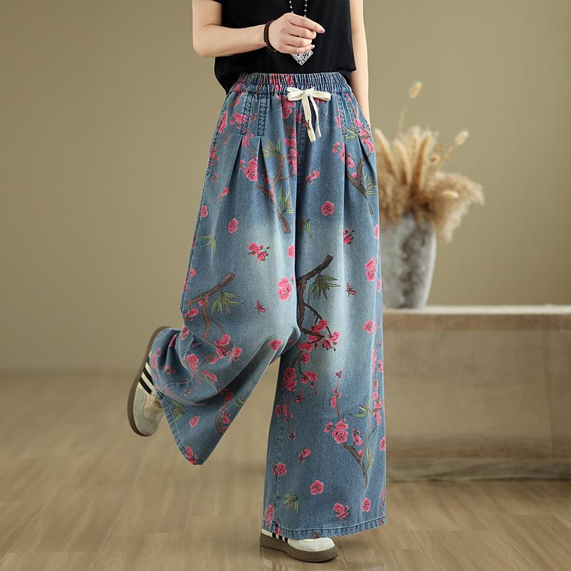 Summer Thin Jeans Printed with Floral Wide Leg Pants Loose and Slimming Elastic Waist Straight Leg Mop Pants for Women 2025