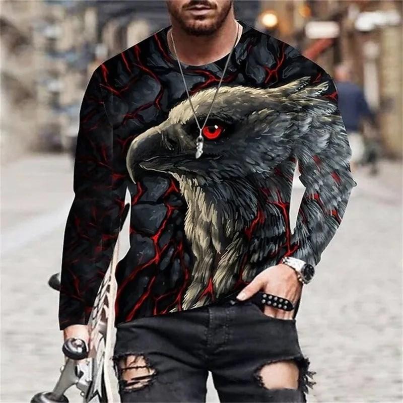 2023 Autumn Plus Size O-Neck Long Sleeve T-shirt Men's Clothing Men's T-shirt 3D Animal Print Top Casual Street Vintage T-shirt