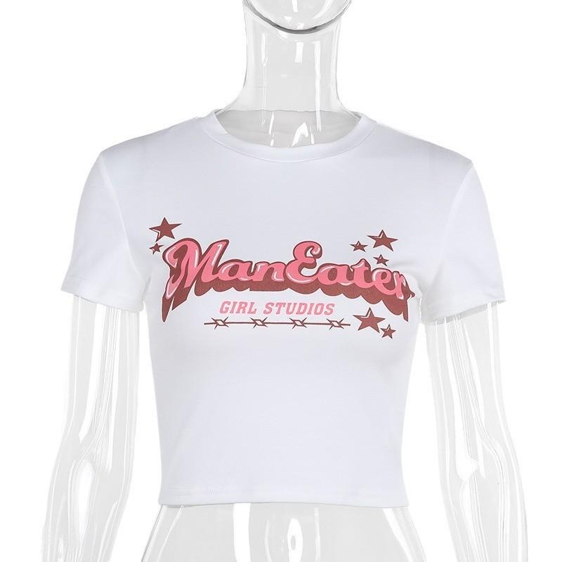 Summer new slim-fit open-navel versatile T-shirt European and American fashion printed short-sleeved top