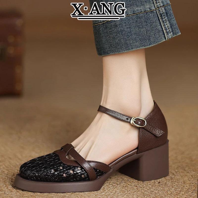 Leather Bag Head Sandals Women's with Skirt High Heels Women's Shoes Thick Heel One-button Sandals Woven Hollow Pig Cage Shoes