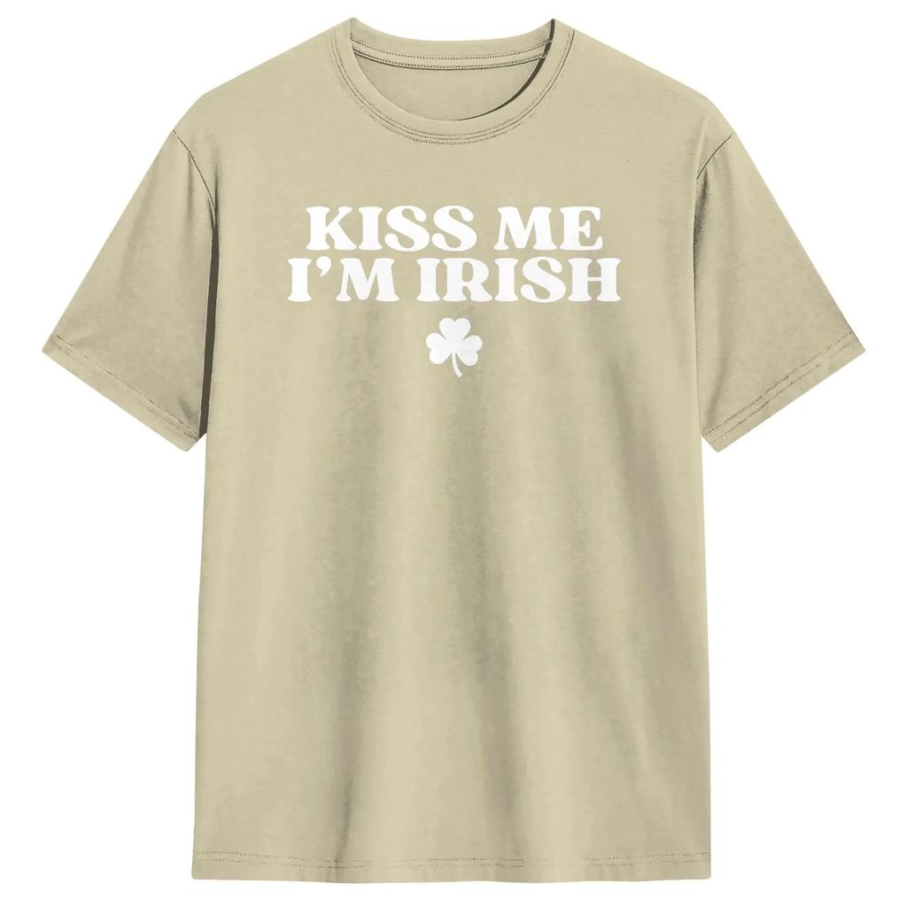 Vintage Kiss Me I'm Irish Funny St Patricks Day T-Shirts Men Round Collar Cotton T Shirts  Short Sleeve Tees Gift Idea Tops