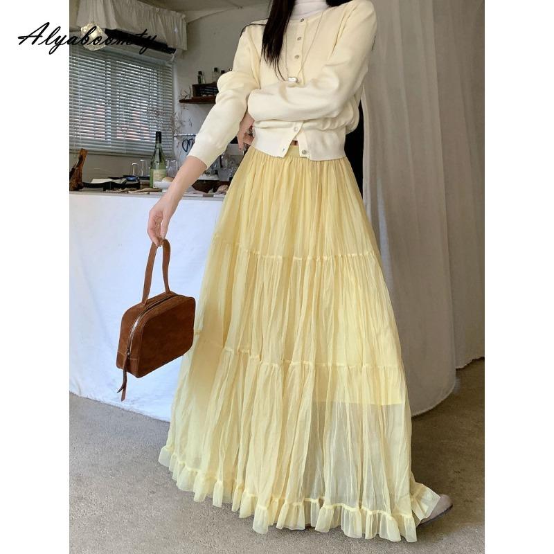 Spring Summer Women Fairy Long Skirt High Waist Gray Apricot Black Yellow Mesh Skirt Romantic Ruffles Tierred Skirts Womens