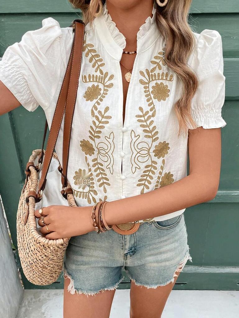 Spring/Summer Women's Puff Sleeve Cotton Embroidered Button Cardigan Top