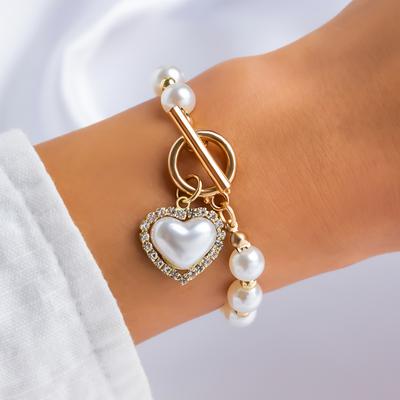 Ingemark Korean Fashion Heart Imitation Pearl Chain Bracelets for Women Wed Kpop OT Buckle Pendant Bangles Couple Hand Jewelry