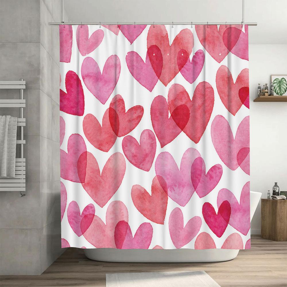 Watercolor Heart Shower Curtain Pink Red White Bath Decor for Valentine's Day Wedding Home Decoration Waterproof Liner